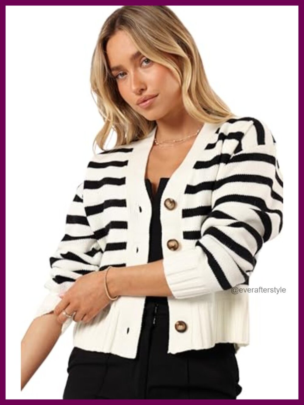 Cropped Button Front Striped Knit Cardigan Long Sleeve Ribbed Cuff